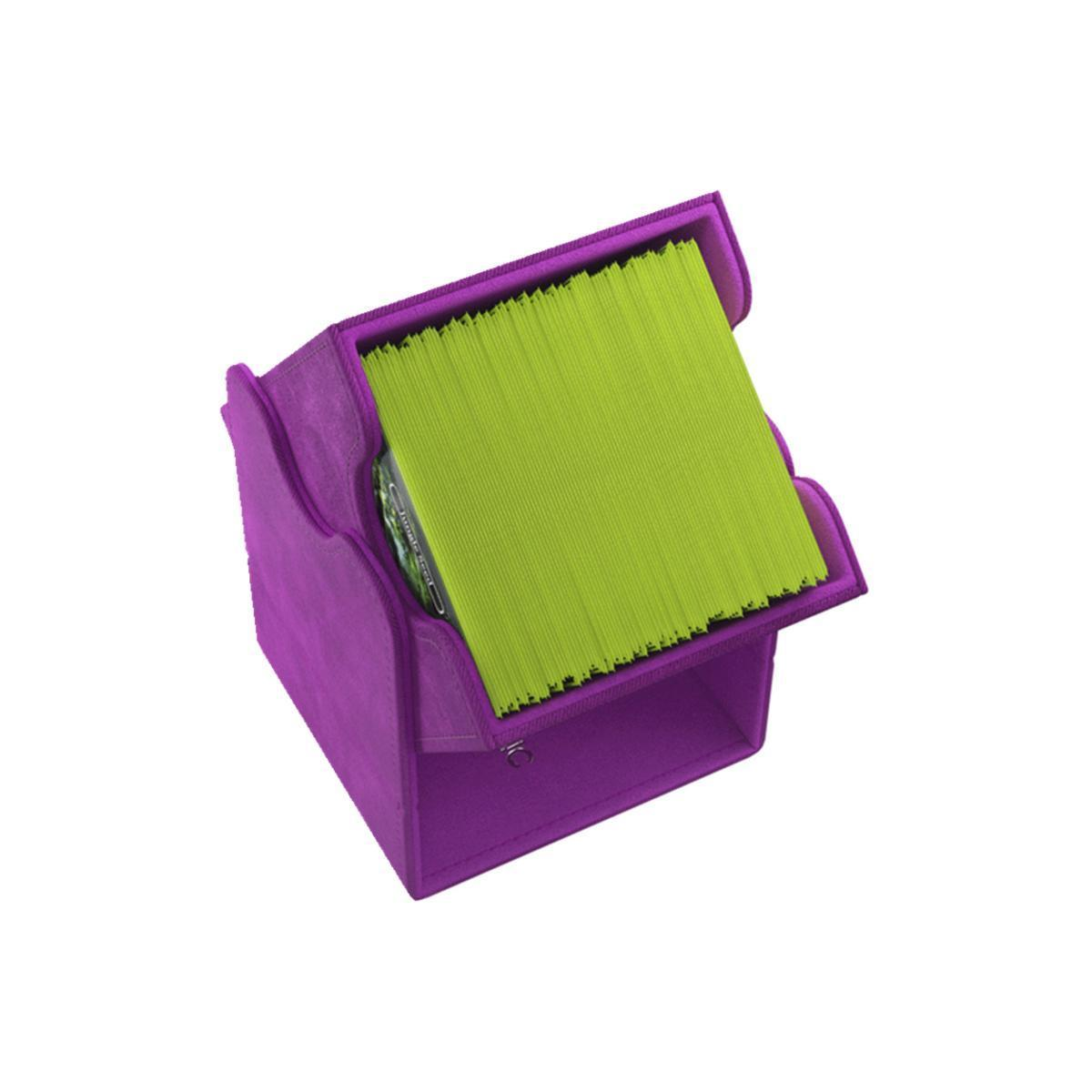 Un organizador de escritorio morado lleno de tarjetas verde brillante sobre fondo blanco.