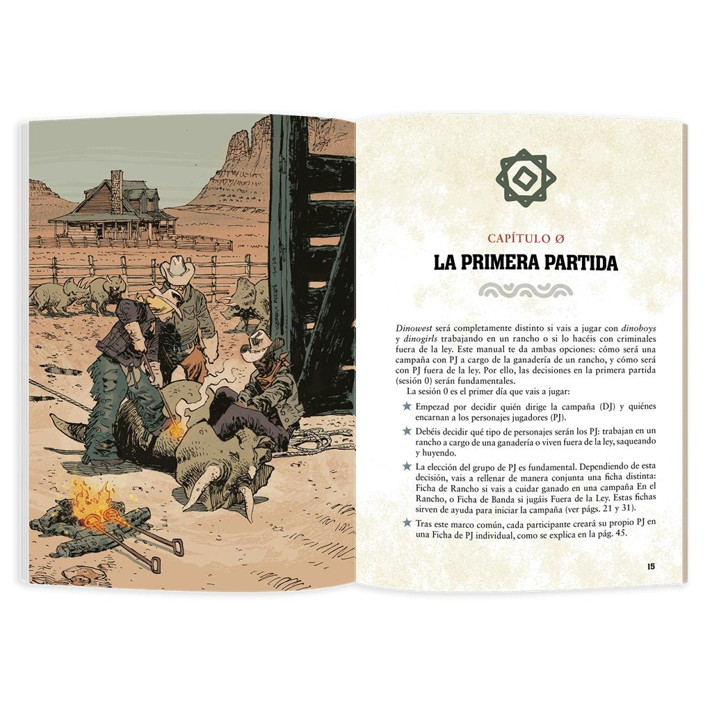 Libro de reglas abierto con ilustración de vaqueros en el oeste en la izquierda y texto a la derecha.