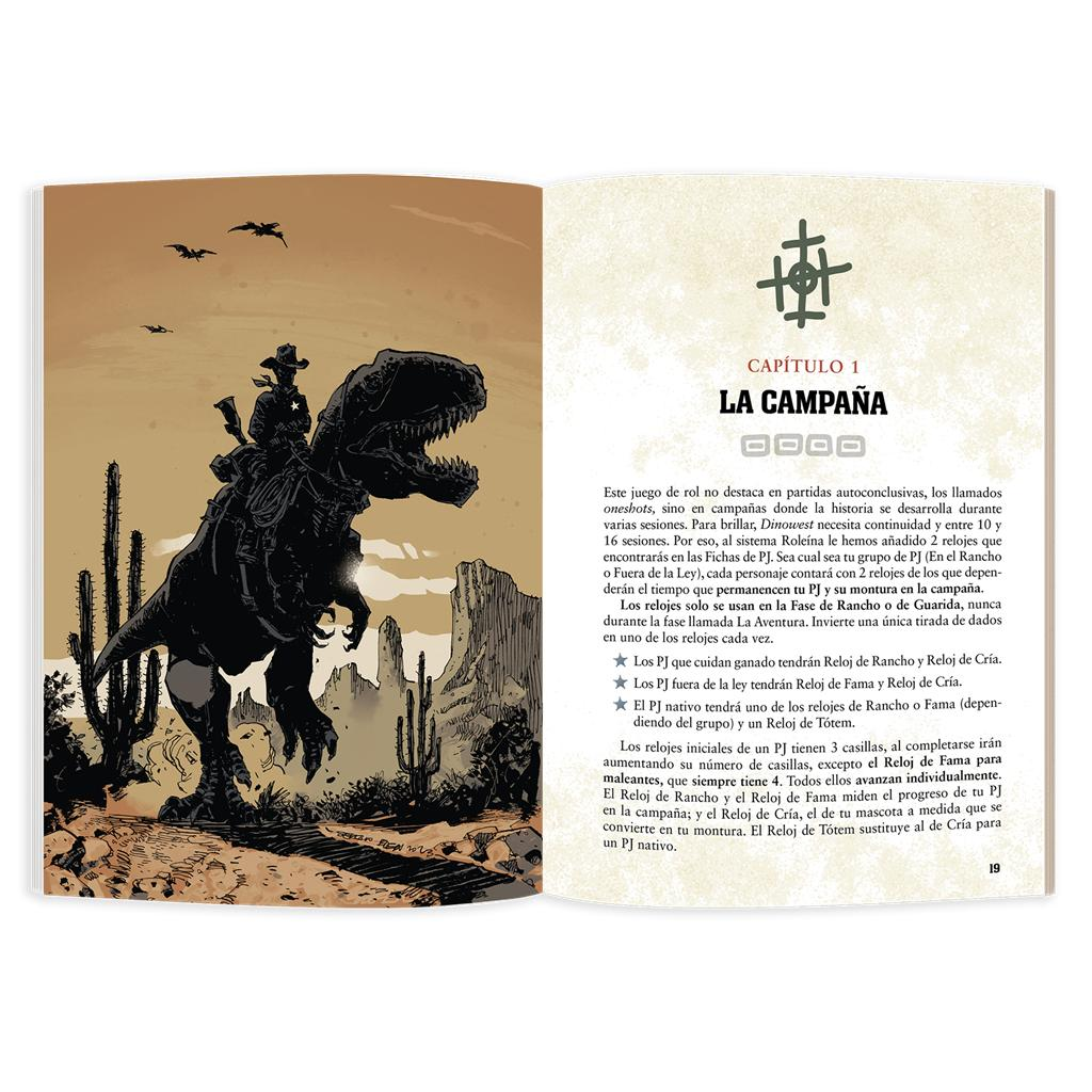Un libro abierto muestra a un vaquero montando un T-Rex en un desierto a la izquierda y texto en español con el capítulo 1 a la derecha.