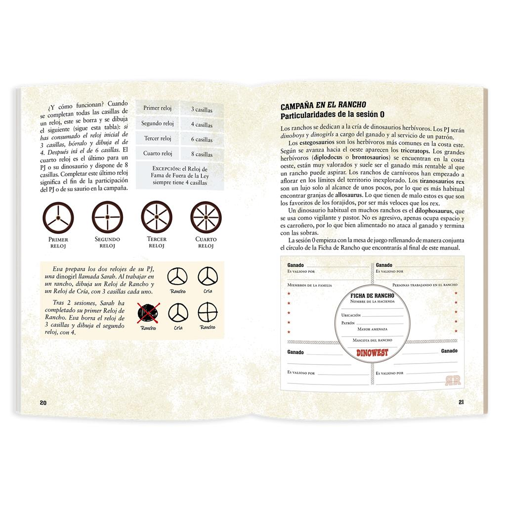 Una página de libro de reglas en español con texto, diagramas de relojes y una ficha de rancho.
