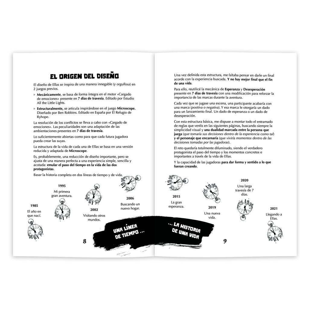 Dos páginas abiertas de un libro con texto en español, encabezados y una línea de tiempo gráfica con relojes pequeños de 1985 a 2021.