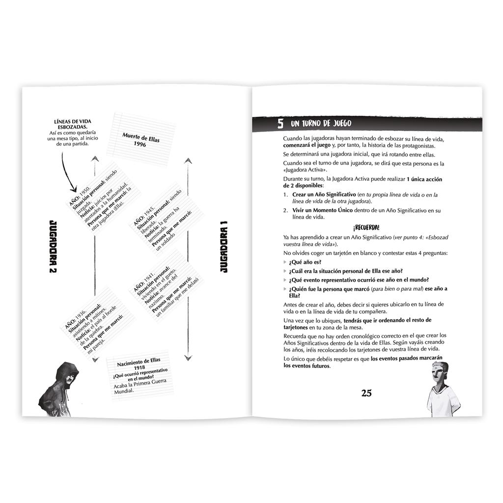 Un libro de reglas abierto con texto en español, ilustraciones de juegos y ejemplos de diseño.