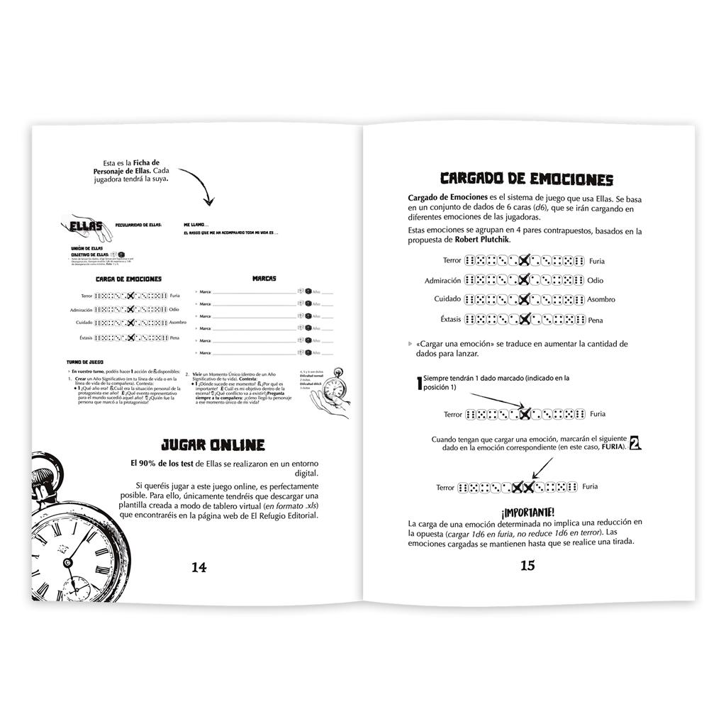 Páginas de un libro abierto con texto, gráficos e iconos de dados para el juego 'Ellas'.