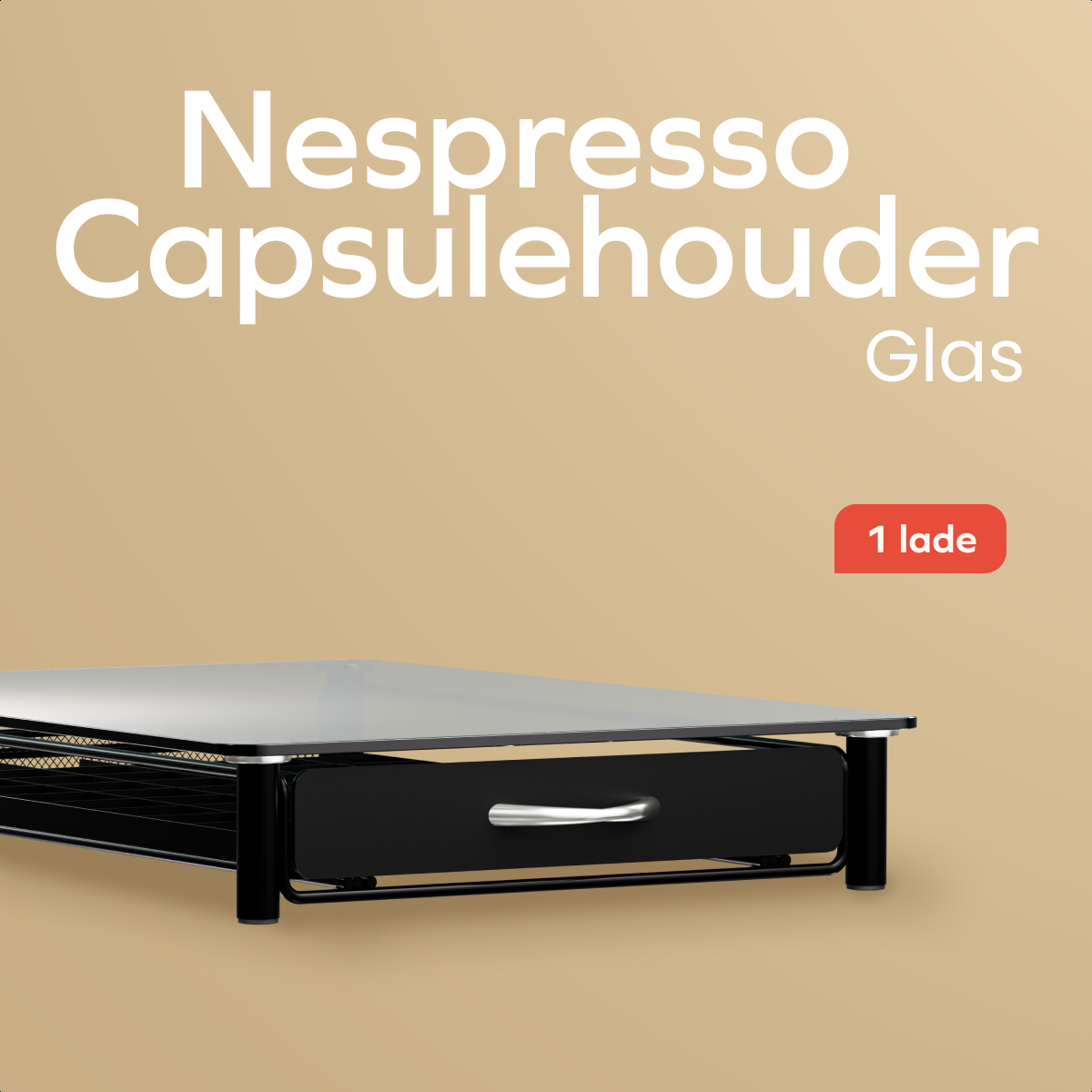 Schwarzer Nespresso Kapselhalter aus Glas mit einer ausziehbaren Schublade auf einem beigen Hintergrund.