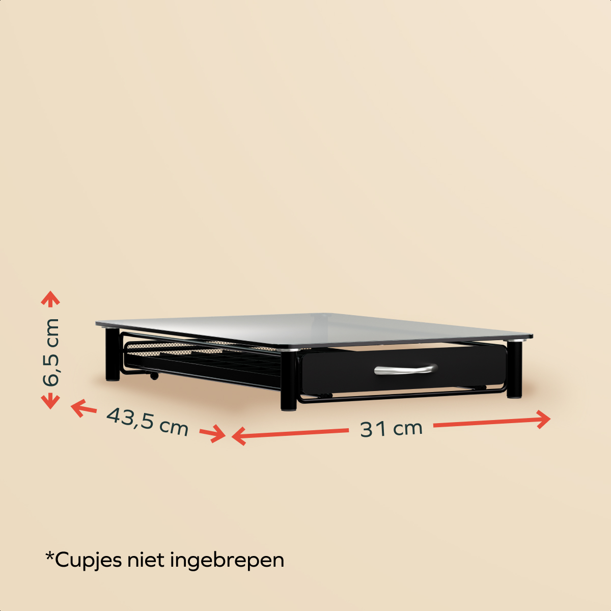 Schwarze Kaffeekapsel-Schublade mit Glasplatte und Maßen: 6,5 cm Höhe, 43,5 cm Länge und 31 cm Breite.