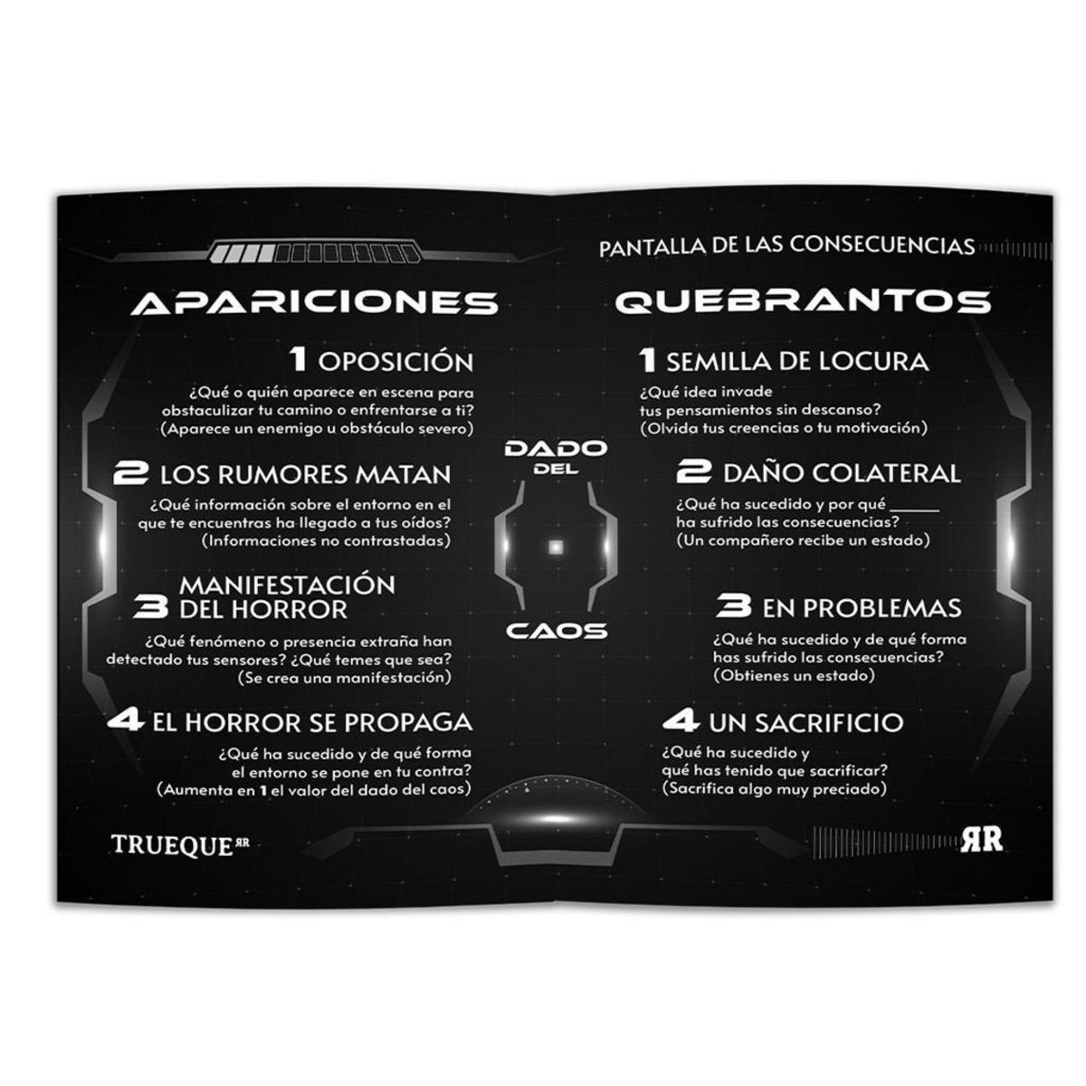 Un tablero negro con texto en blanco dividido en secciones de Apariciones y Quebrantos, centrado en Dado del Caos.