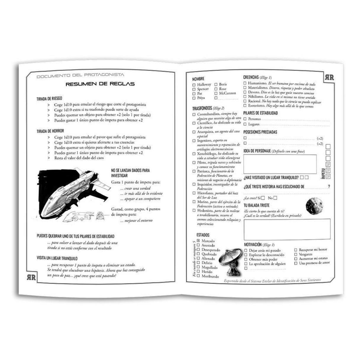 Páginas de reglas de juego de rol con columnas de texto y casillas.