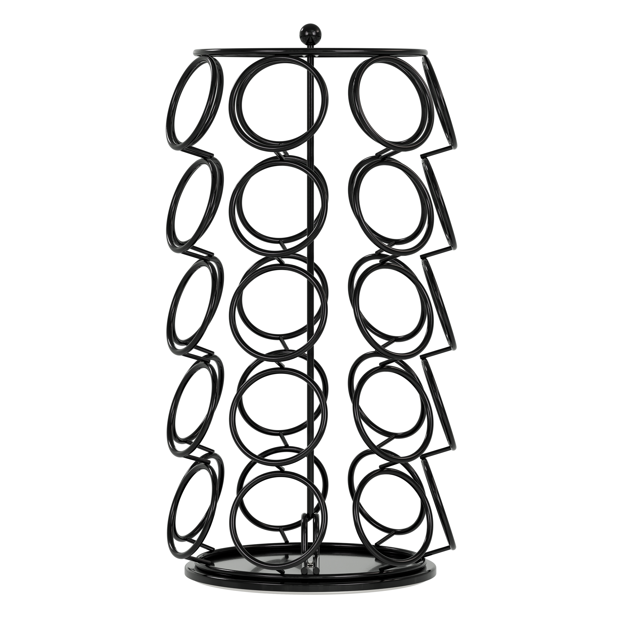 Ein schwarzer, zylindrischer Kaffeekapselhalter aus Metall mit mehreren Ringhalterungen.