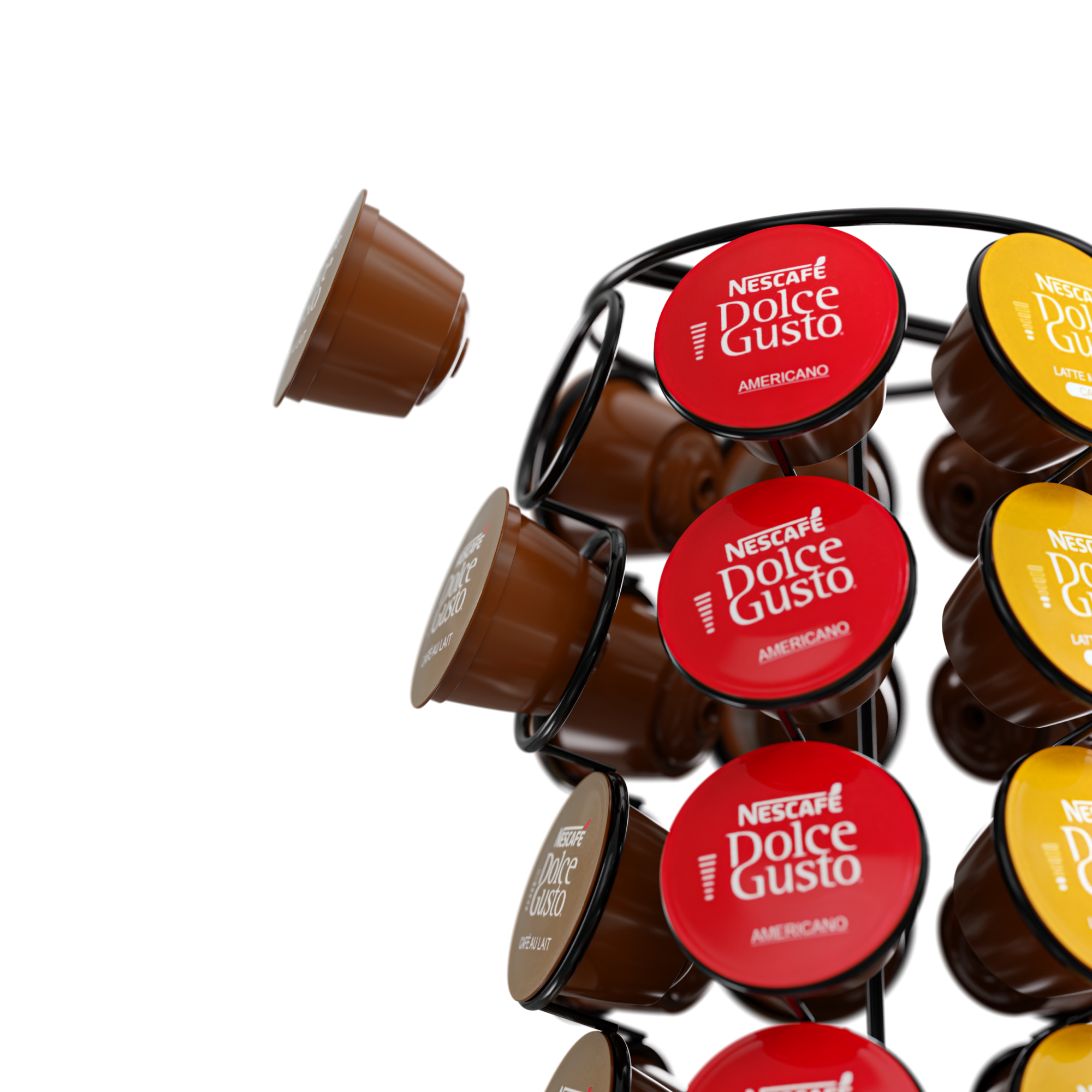 Ein schwarzer Metallständer hält bunte Nespresso Dolce Gusto Kaffeekapseln vor weißem Hintergrund.