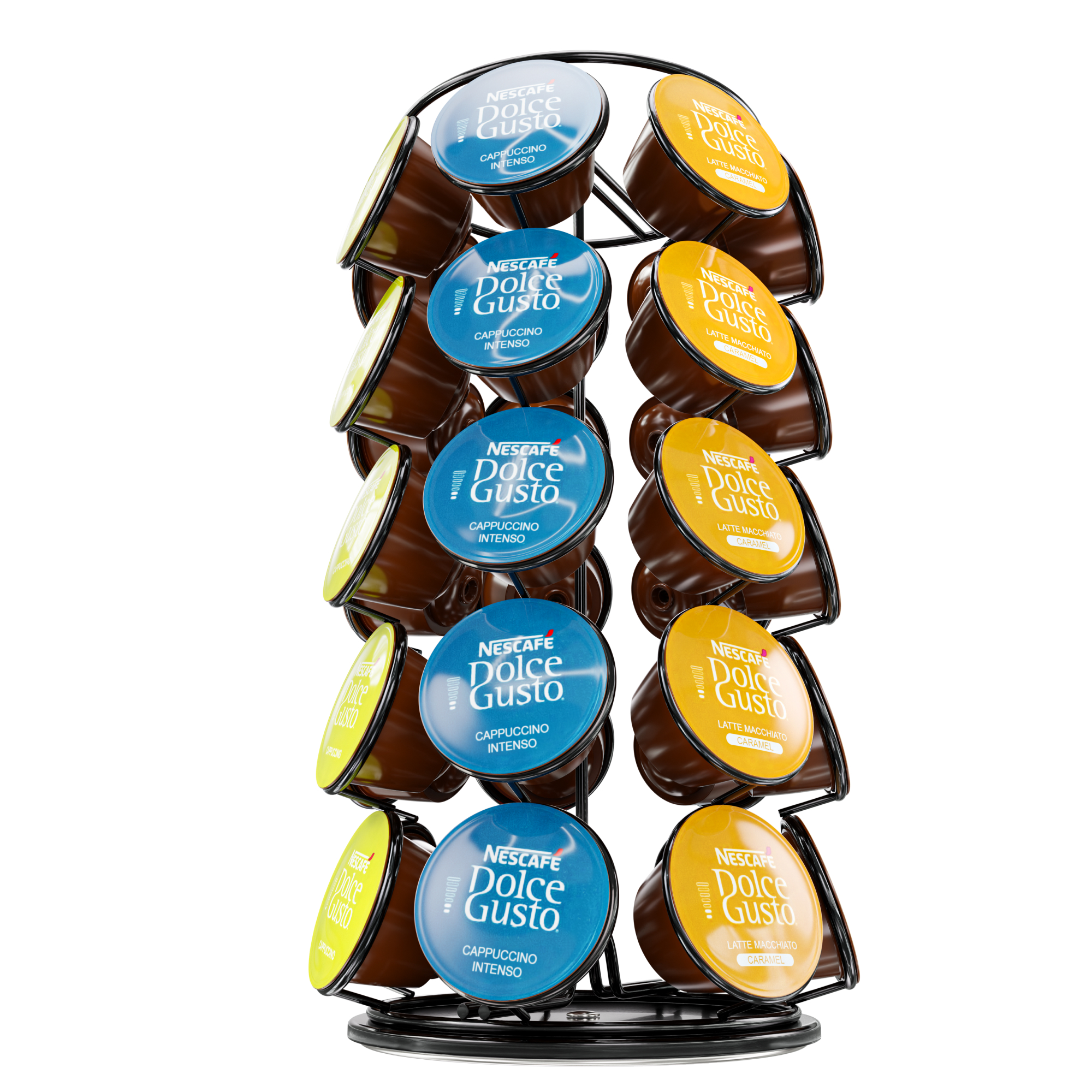 Ein schwarzer Metallständer voll mit bunten Nespresso Dolce Gusto Kaffeekapseln.