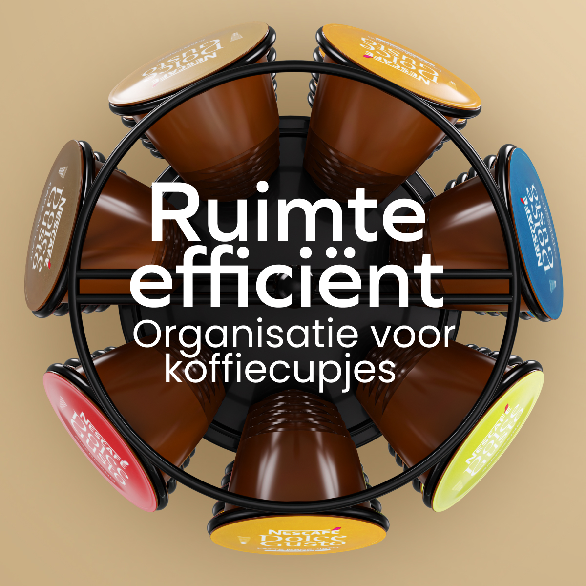 Ein runder, schwarzer Kaffeehalter gefüllt mit bunten Kapseln von oben gesehen.