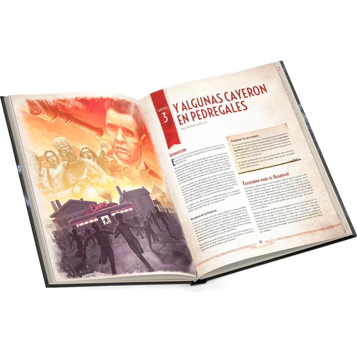 Libro abierto con texto en español, ilustraciones de monstruos y soldados, acentos rojos y páginas blancas.