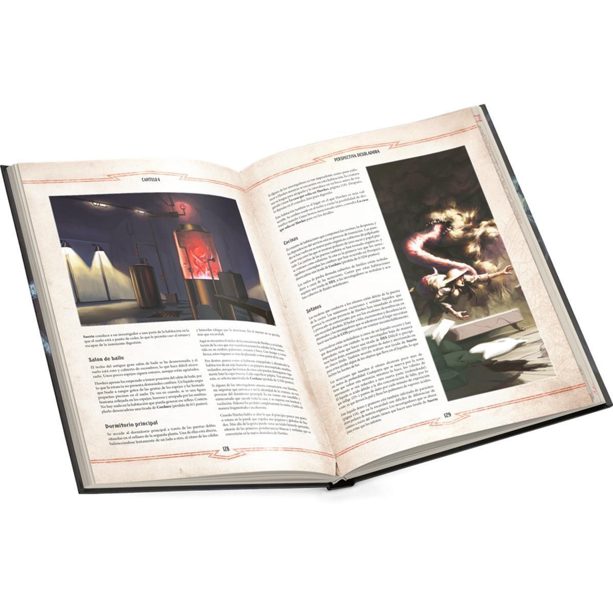 Un libro abierto con texto en español muestra escenas ilustradas en ambas páginas.