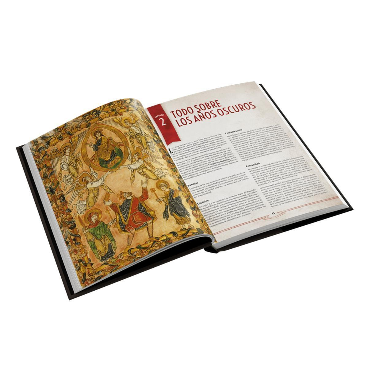 Un libro de historia abierto muestra arte medieval y texto en español en la página derecha.