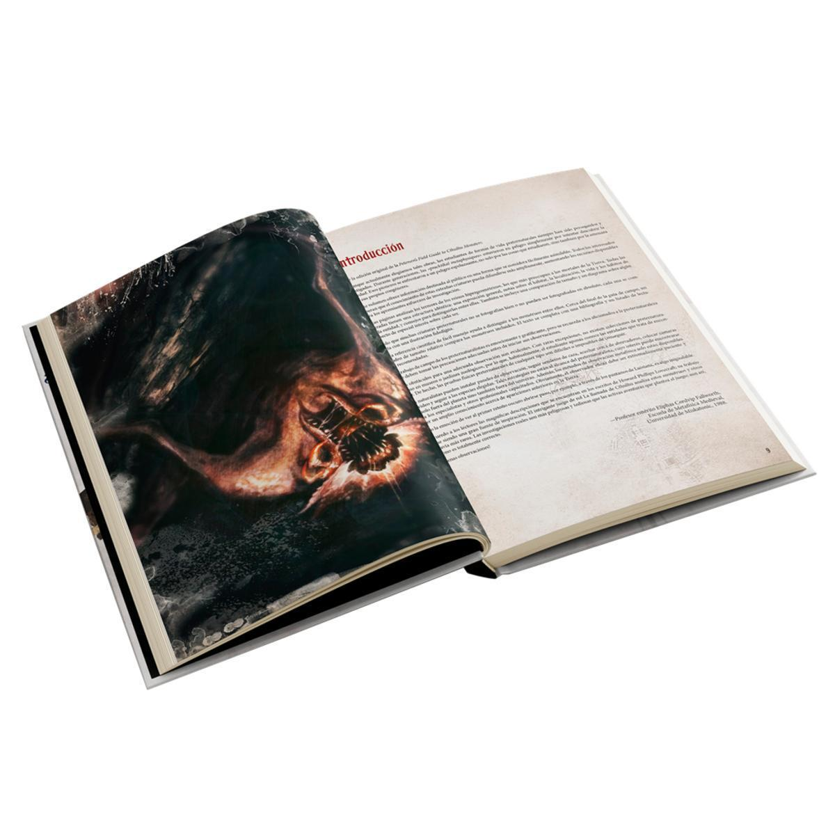 Un libro abierto muestra una ilustración de un monstruo a la izquierda y texto en español a la derecha.