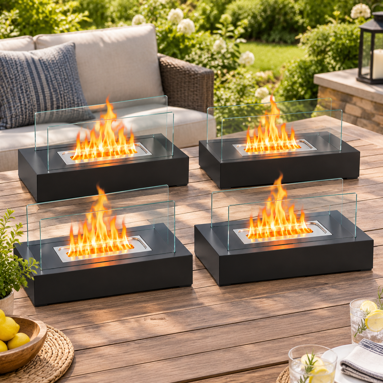 Vier schwarze Tischkamine mit Glaswänden brennen auf einem Holztisch im Garten.