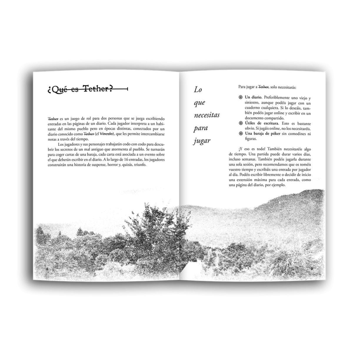 Libro abierto con texto en español sobre el juego de rol Tether e ilustración rural.