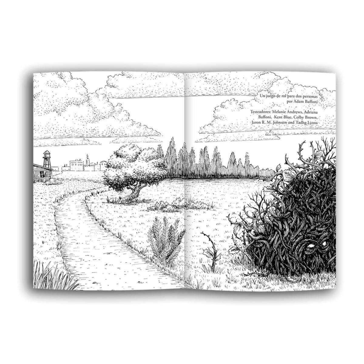 Un dibujo a tinta en blanco y negro muestra un camino hacia un pueblo con una criatura cubierta de enredaderas.