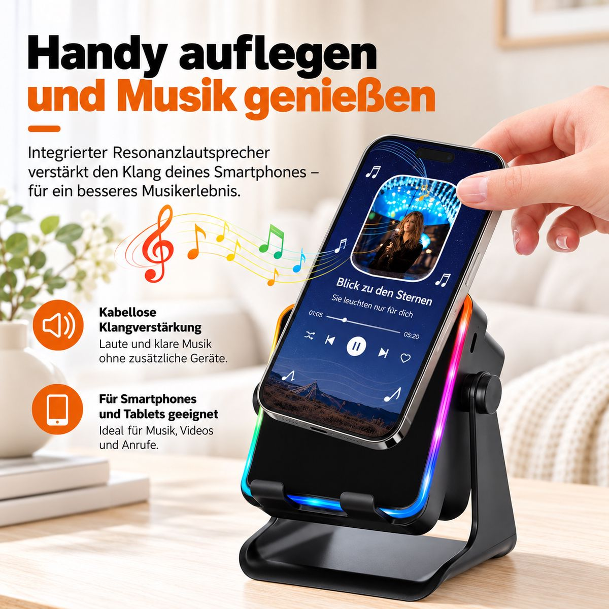 Handy auf einem LED-beleuchteten Resonanzlautsprecher Ständer, mit Musiknoten Grafik und deutschem Werbetext.