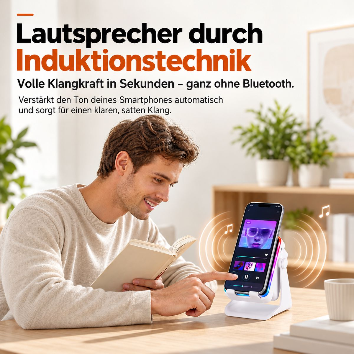 Ein Mann liest ein Buch am Tisch, während ein Smartphone auf einer Induktions-Lautsprecherhalterung Musik abspielt.