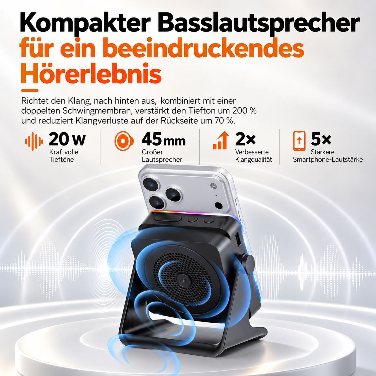 Ein schwarzer Basslautsprecher mit Smartphone und Produktfeatures wie 20W und 45mm.
