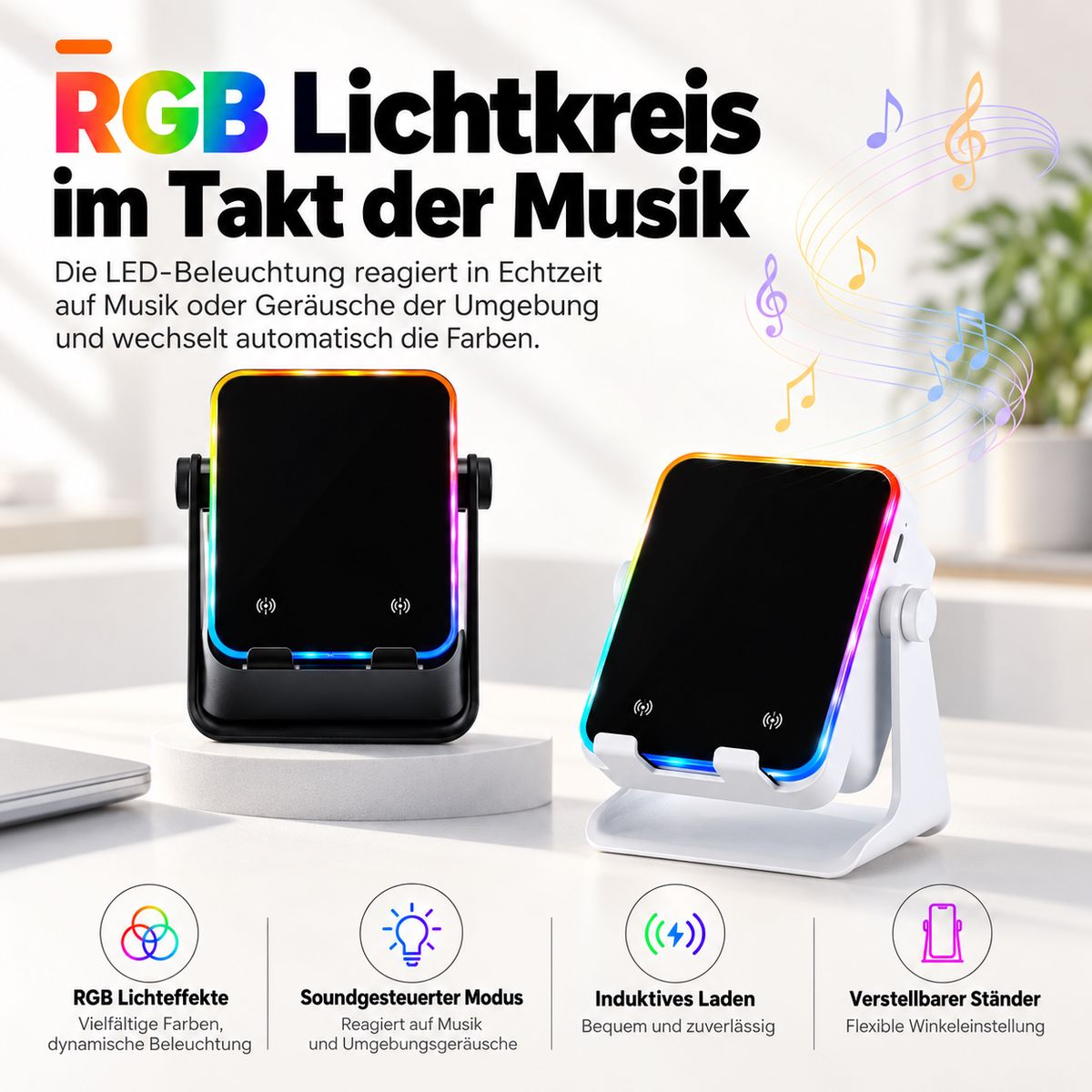 Zwei RGB-LED-Handyhalterungen mit Musiksynchronisation, kabellosem Laden und verstellbarem Ständer auf einem Tisch.