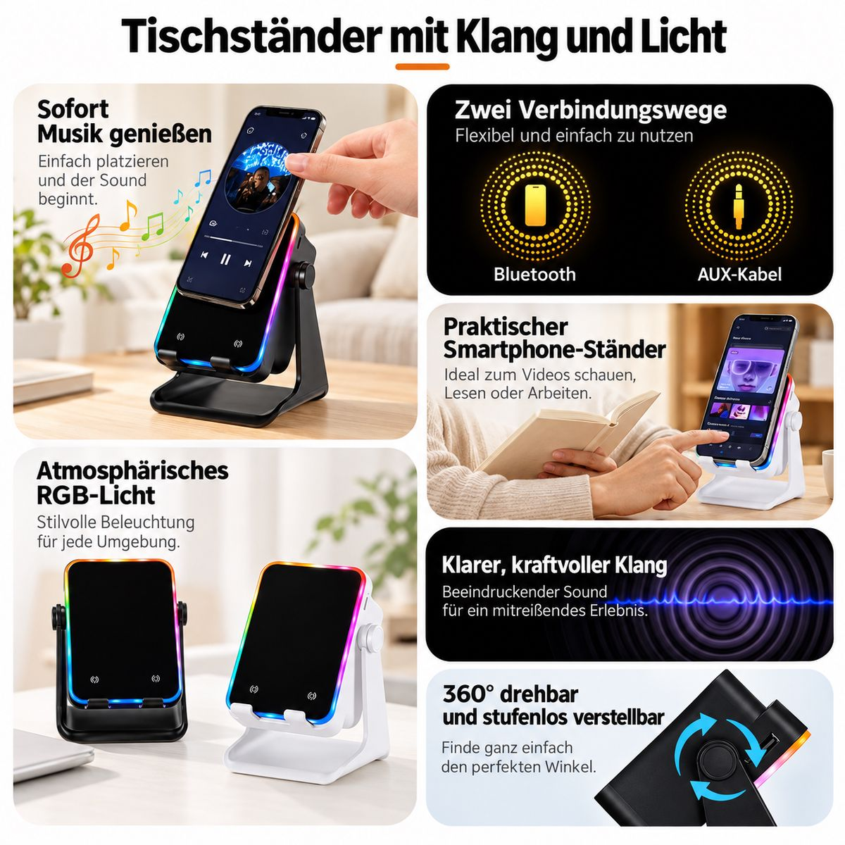 Werbebild für einen Tisch-Smartphone-Ständer mit integriertem Lautsprecher, RGB-Beleuchtung und Bluetooth.