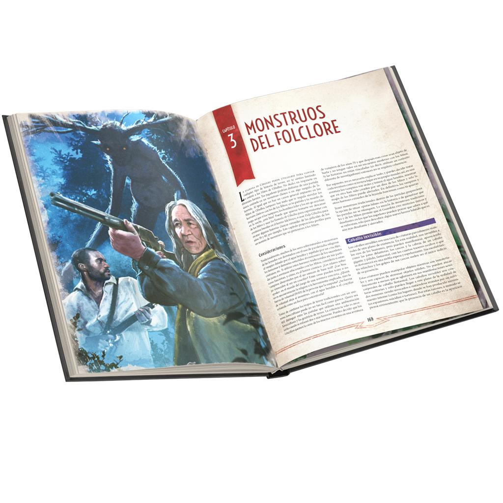 Un libro abierto muestra una ilustración de dos personas cazando una criatura de noche, junto a texto en español.