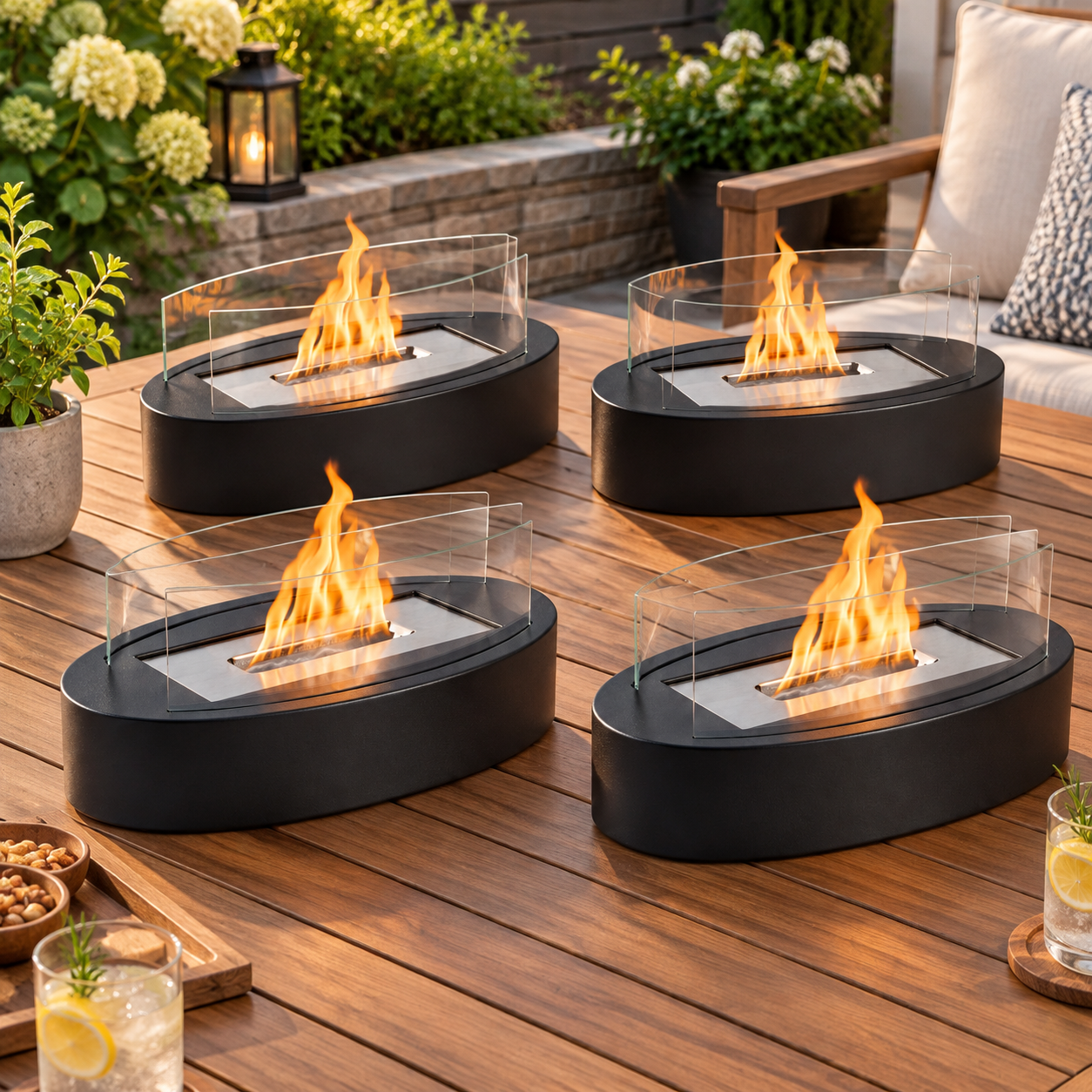 Vier ovale schwarze Tischkamine mit brennenden Flammen und Glasschirmen stehen auf einem Holztisch im Garten.