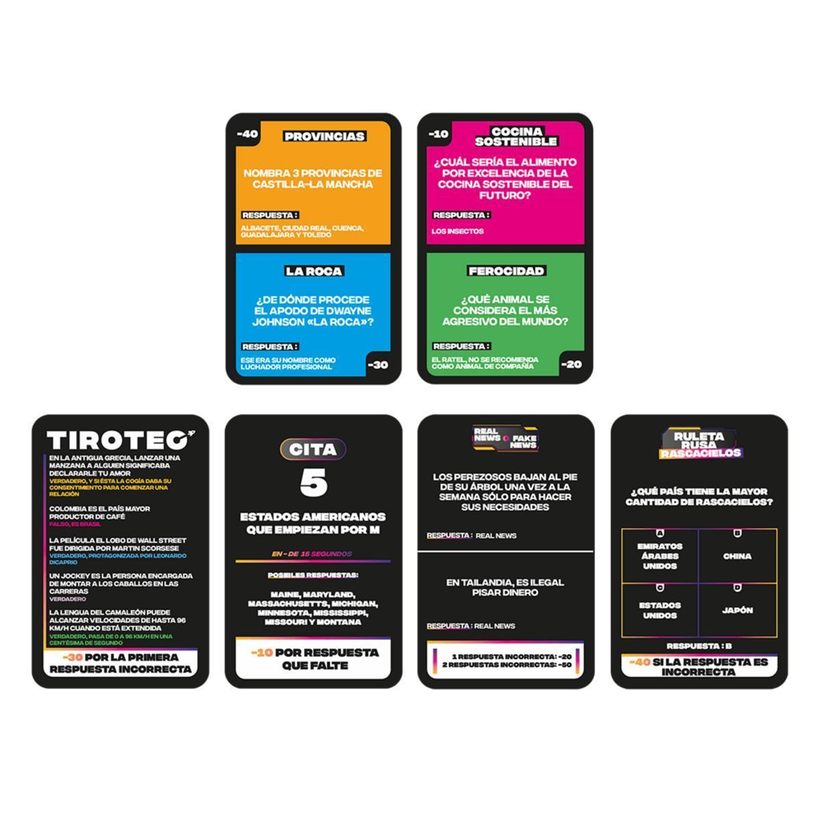 Ocho tarjetas de juego de trivia diferentes con preguntas, respuestas y puntos sobre un fondo negro.