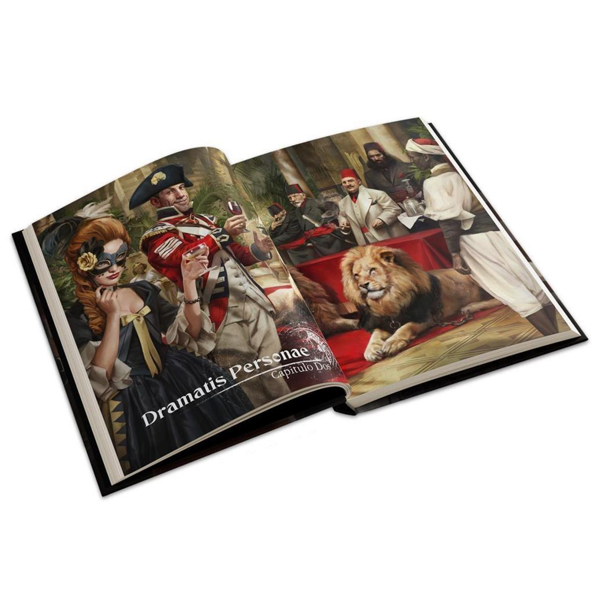 Un libro abierto muestra figuras enmascaradas a la izquierda y hombres con un león a la derecha.