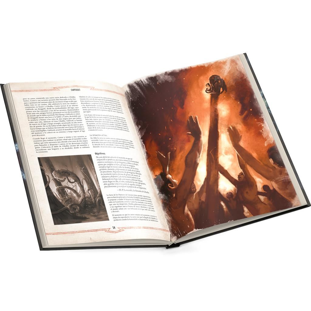 Un libro abierto con texto a la izquierda y una ilustración de personas en un ritual alrededor de un monolito a la derecha.