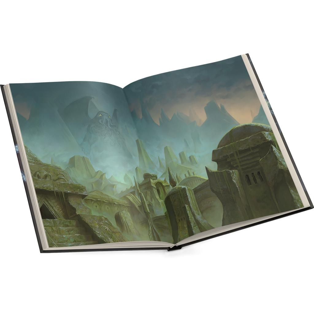 Un libro abierto muestra arte fantástico de un paisaje neblinoso y en ruinas con un monstruo sombrío al fondo.