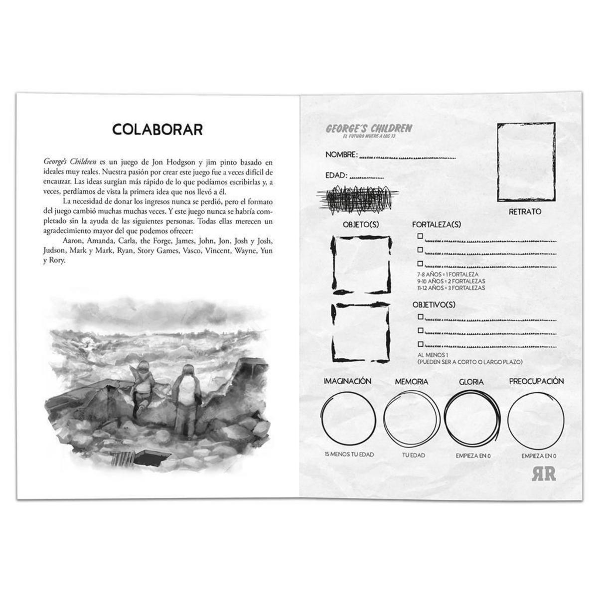Una página de reglamento abierta con texto, una ilustración en blanco y negro de figuras y una hoja de personaje.
