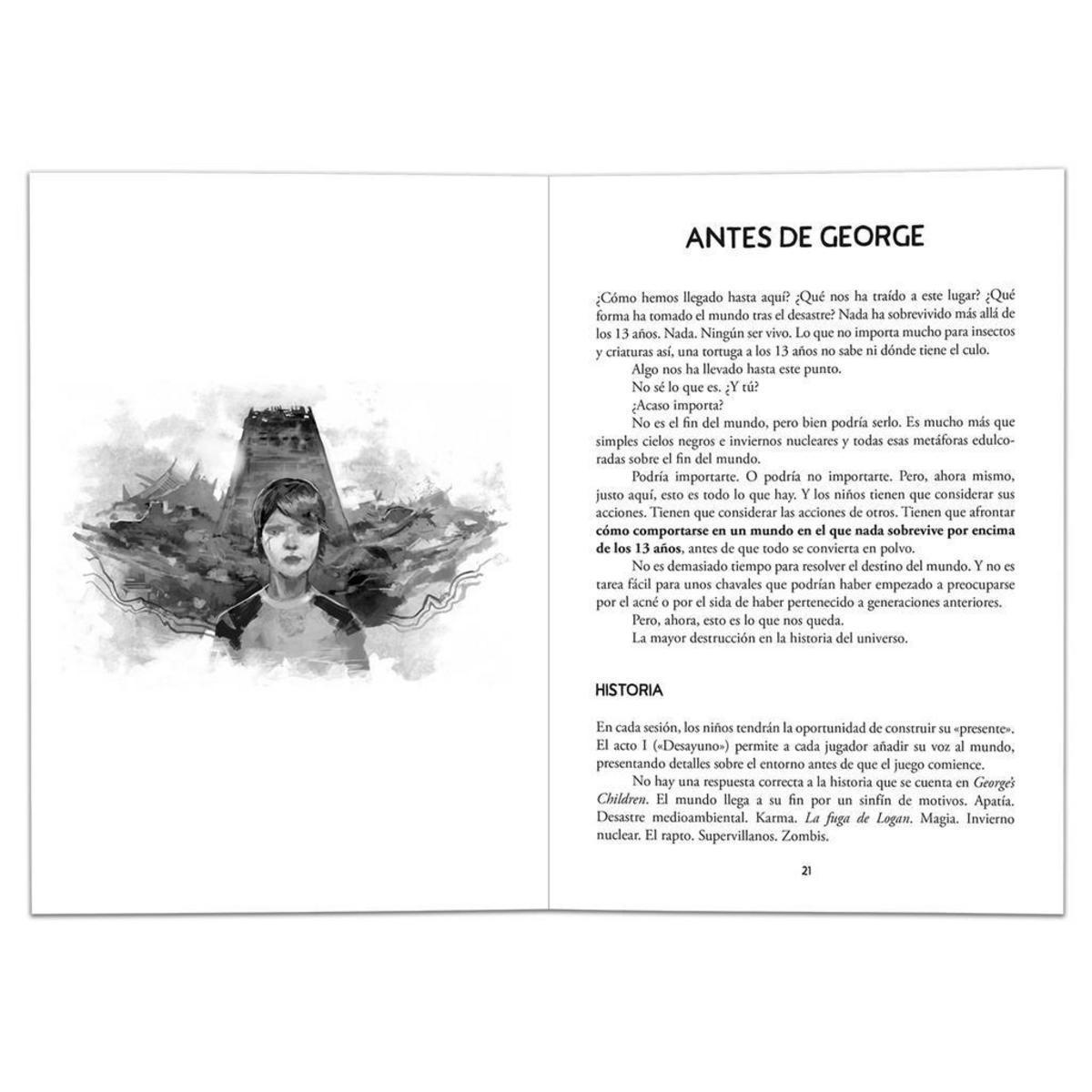 Una página de libro abierta con texto en español a la derecha y una ilustración en blanco y negro a la izquierda.