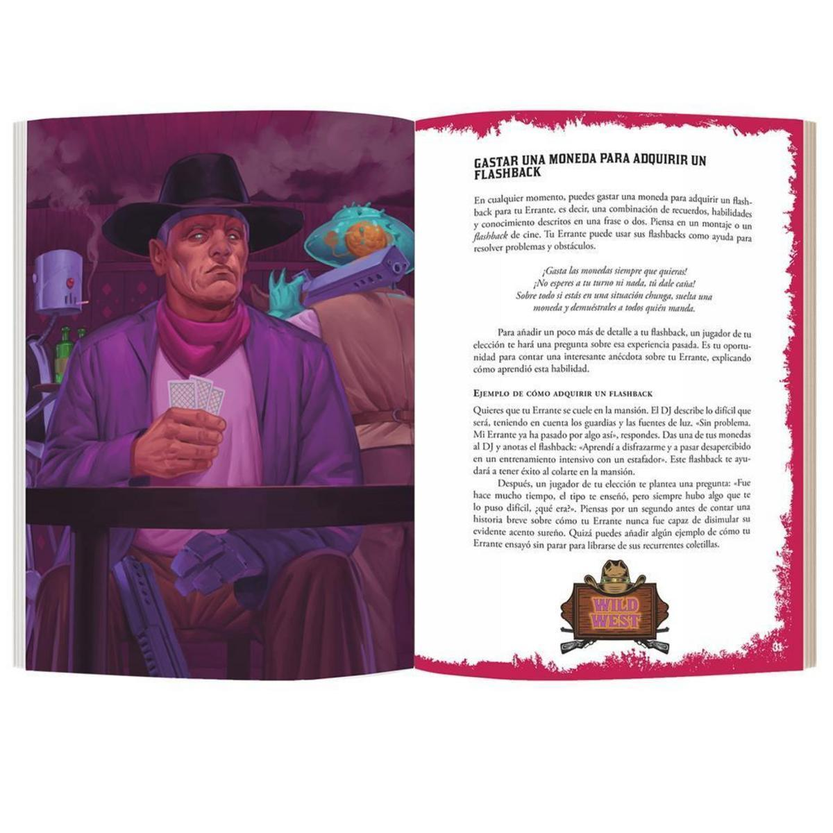 Un vaquero con sombrero y abrigo está sentado a una mesa con cartas, al lado de una página roja con texto.