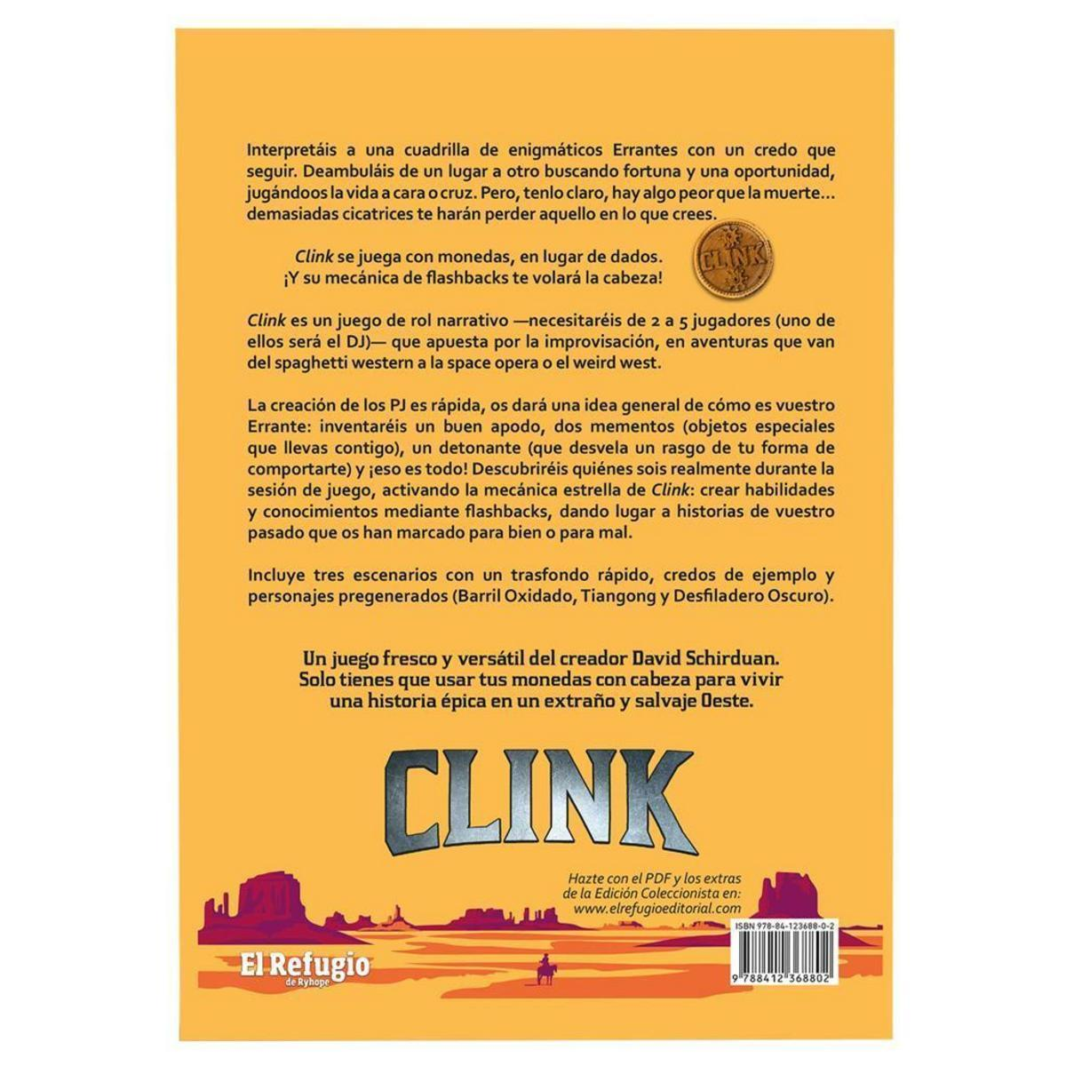 Contraportada del juego de rol Clink con fondo amarillo, texto y gráficos del oeste.