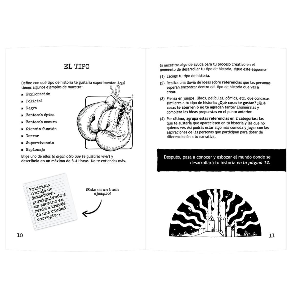 Libro abierto con texto en español, un boceto de guante de boxeo e ilustraciones en las páginas 10 y 11.