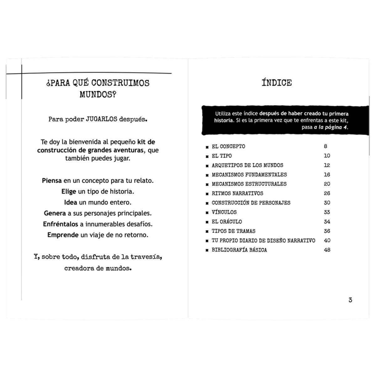 Dos páginas de libro abiertas en español con introducción a la izquierda e índice a la derecha.