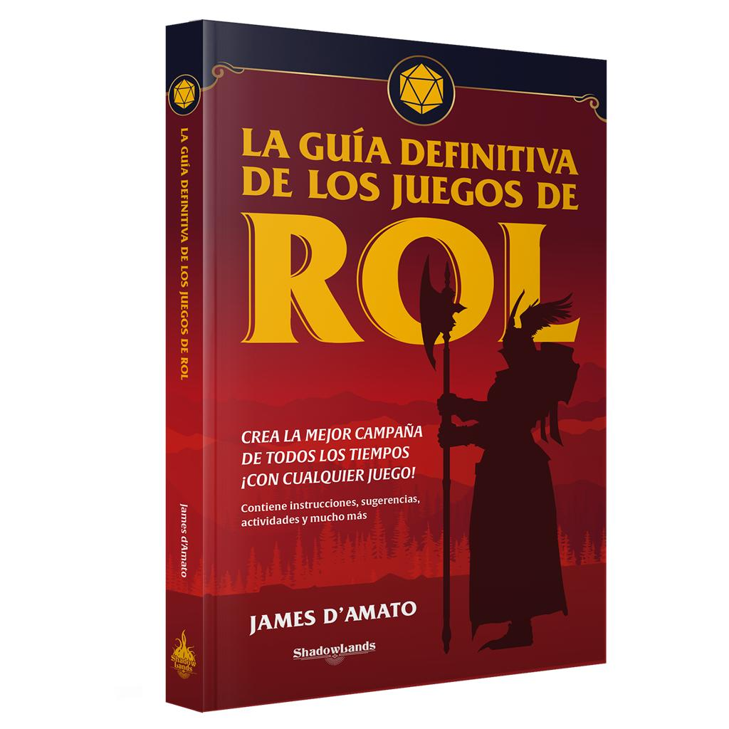 Un libro titulado "La guía definitiva de los juegos de rol" muestra la silueta de un guerrero.
