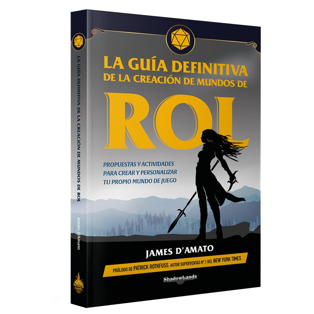 Una portada de libro titulada La Guía Definitiva de la Creación de Mundos de Rol con la silueta de una guerrera.