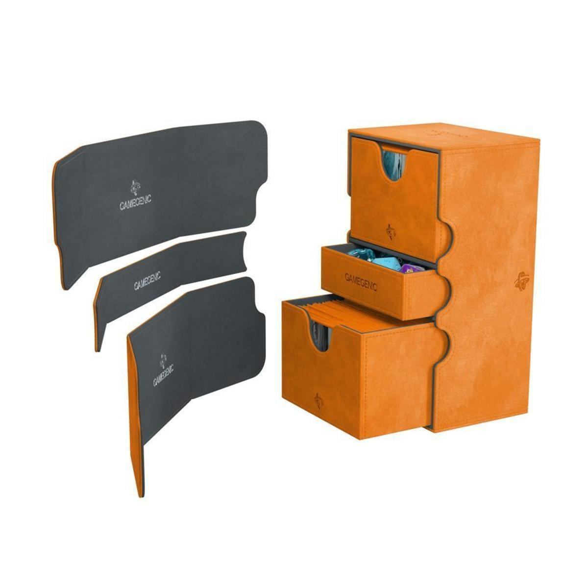 Caja de almacenamiento de cartas naranja con tres cajones y tres divisores grises.