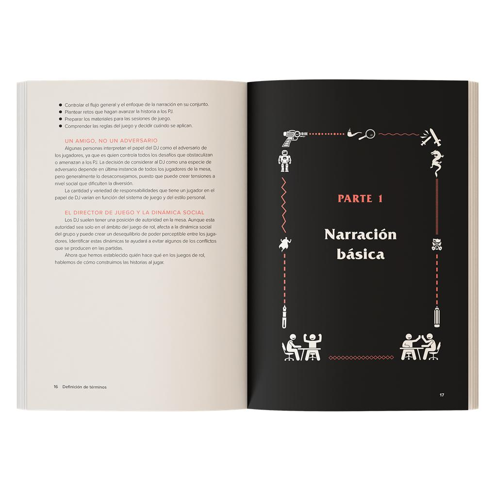 Página de libro abierta con texto en español a la izquierda y el título 'PARTE 1 Narración básica' sobre fondo negro a la derecha.