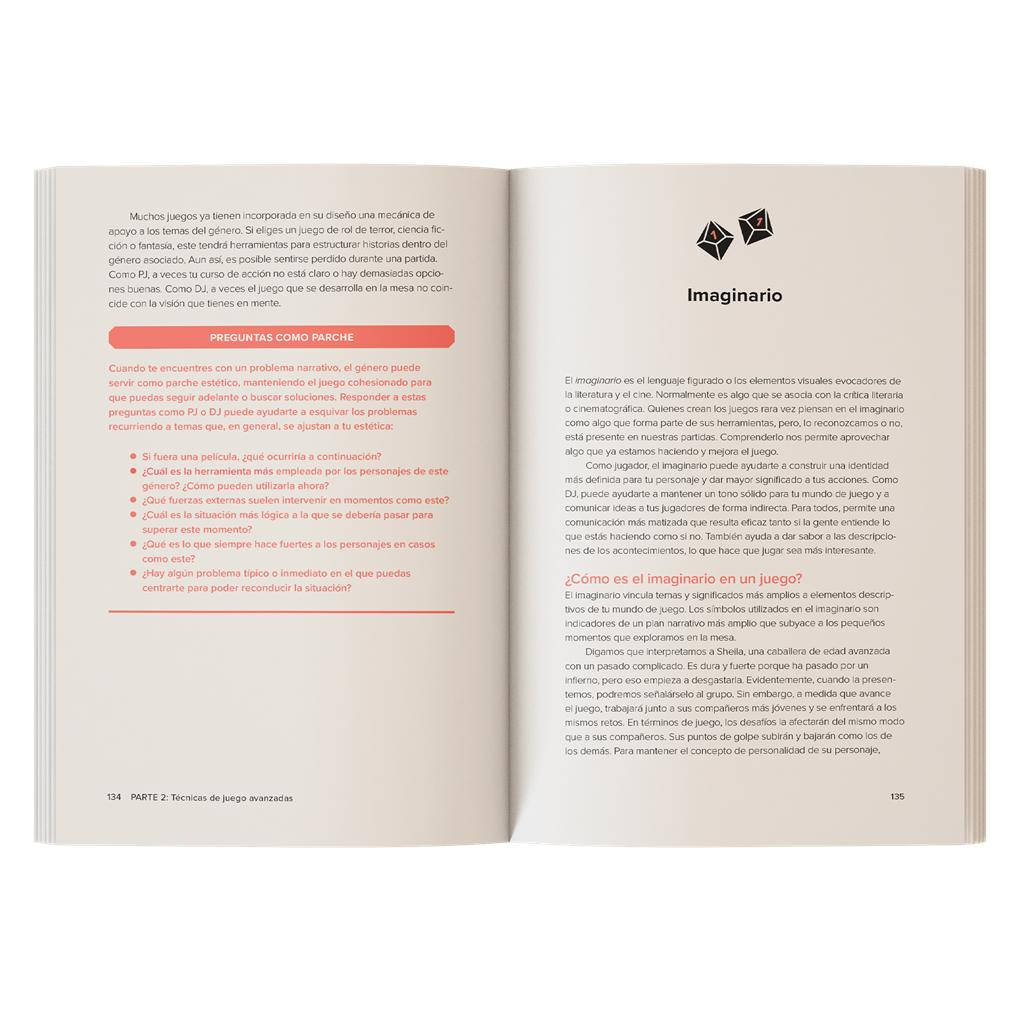 Páginas de un libro abierto con texto en español, encabezados y una pequeña ilustración gráfica en la esquina superior derecha.
