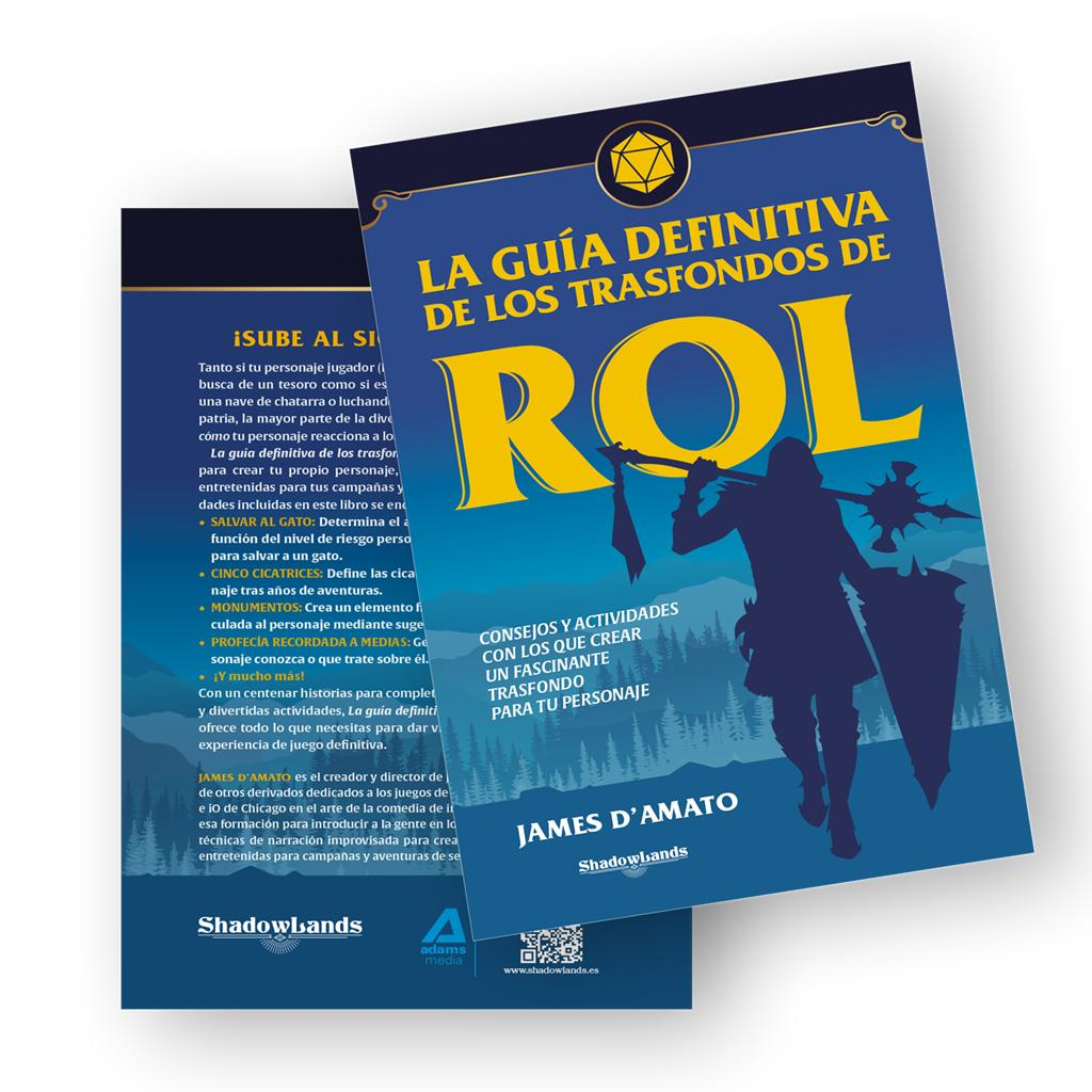 Una portada de libro de rol azul con el título "La guía definitiva de los trasfondos de rol" y la silueta de un guerrero.