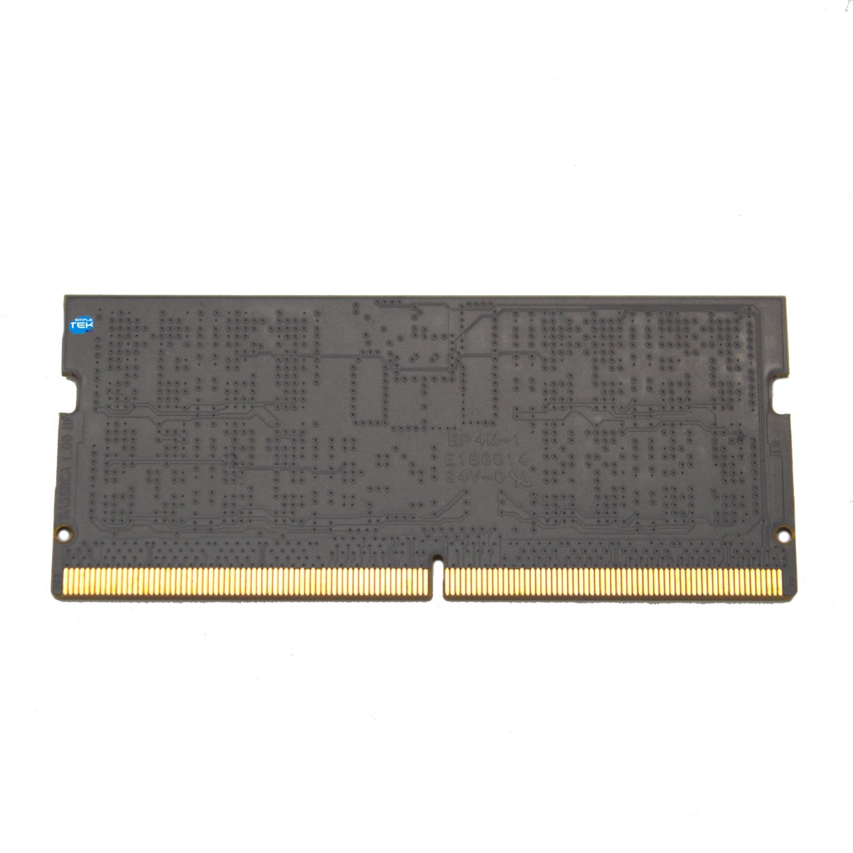 Ein schwarzer Computerspeicherstick mit goldenen Pins auf weißem Hintergrund.