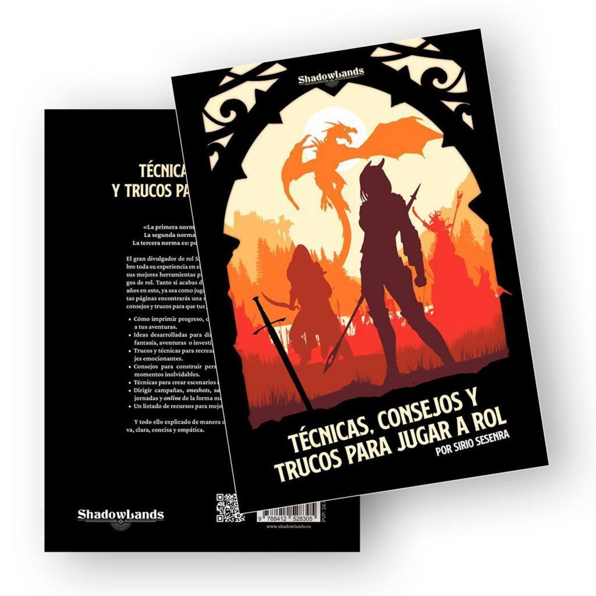 Portada de libro con consejos de rol, siluetas de héroes y un dragón sobre fondo naranja.