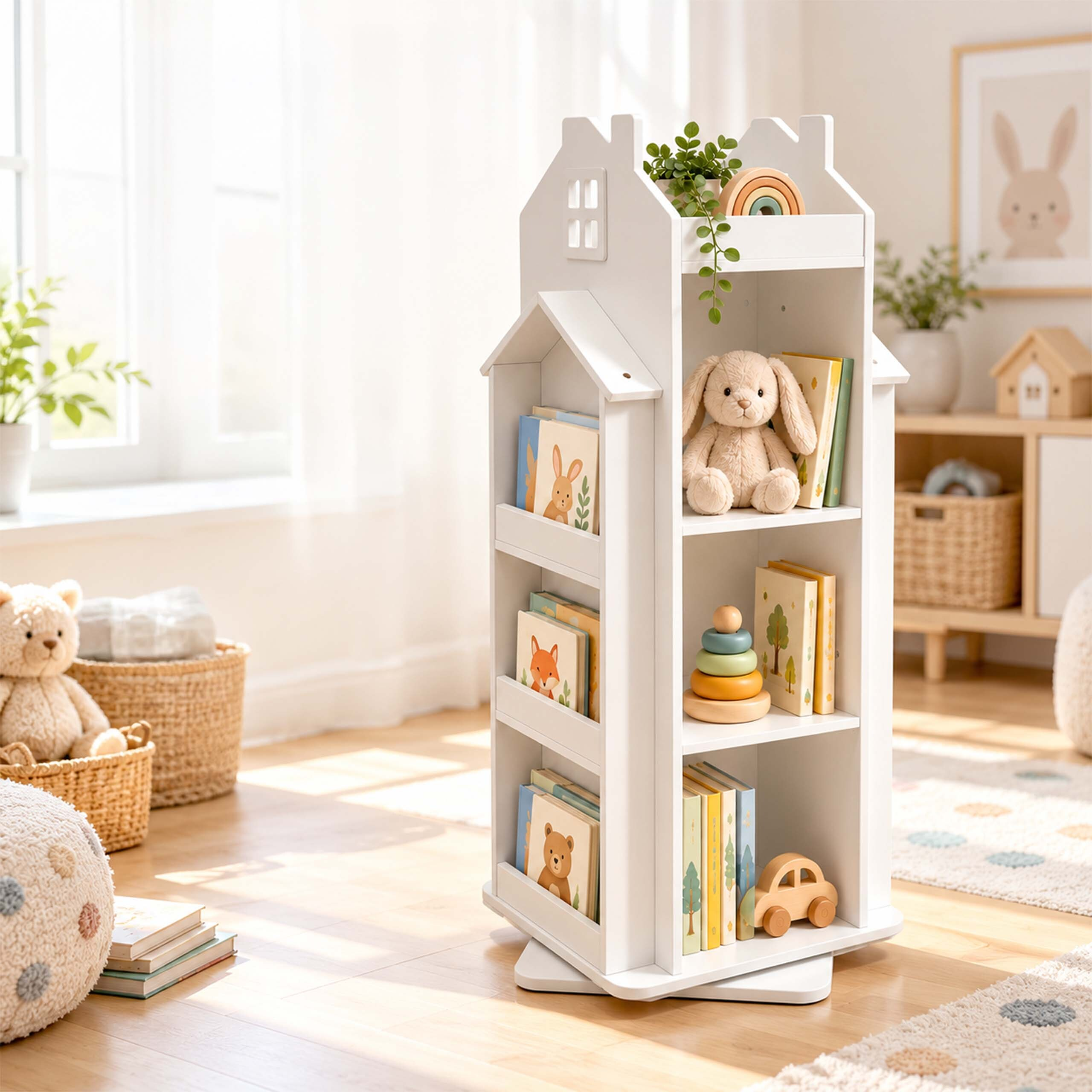 Ein weißes, hausförmiges Kinder-Bücherregal mit Spielzeug in einem hellen Zimmer.
