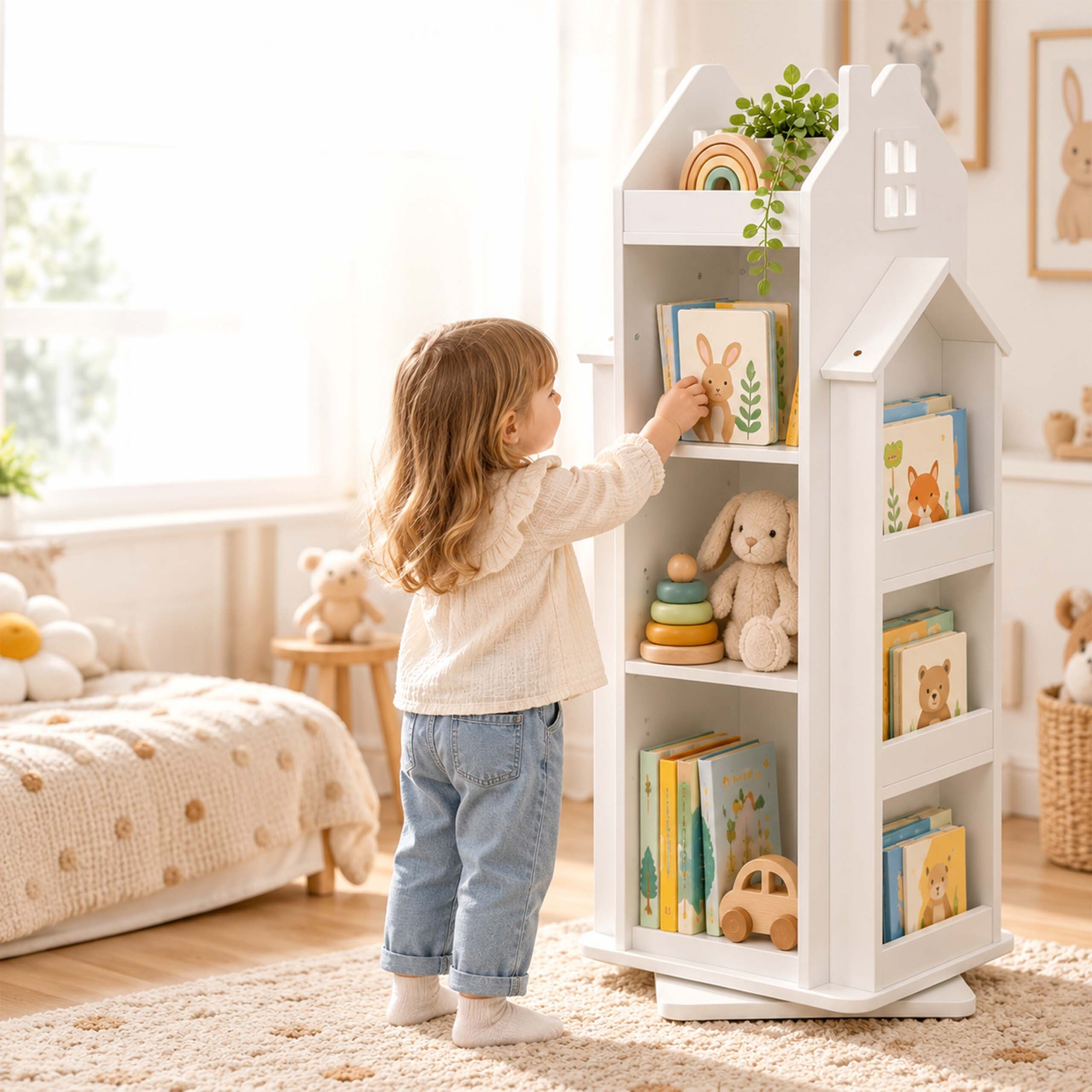 Kleines Mädchen greift nach einem Buch in einem weißen Bücherregal in Form eines Hauses.