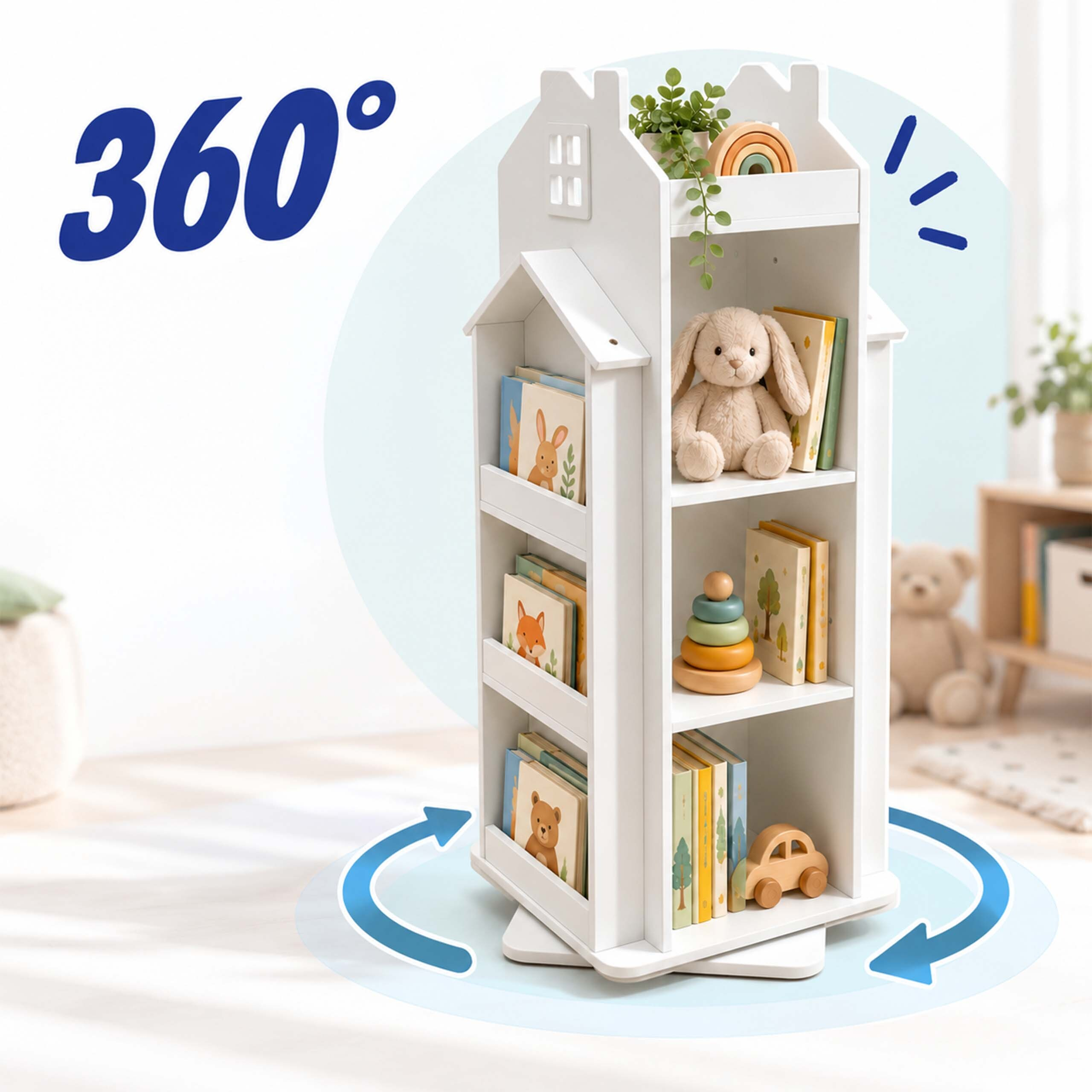 Weißes Bücherregal in Hausform mit drehbarer Basis, gefüllt mit Kinderbüchern und Spielzeug.